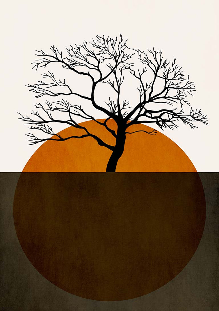 Minimalist artwork of a bare tree with branches, set against an orange and brown circular background.