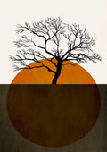 Minimalist artwork of a bare tree with branches, set against an orange and brown circular background.