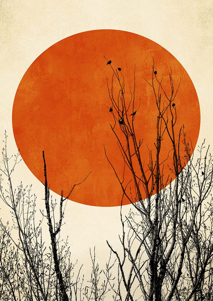 Minimalist art print "Winter Glow" by Boris Draschoff featuring bare branches against a large orange sun.