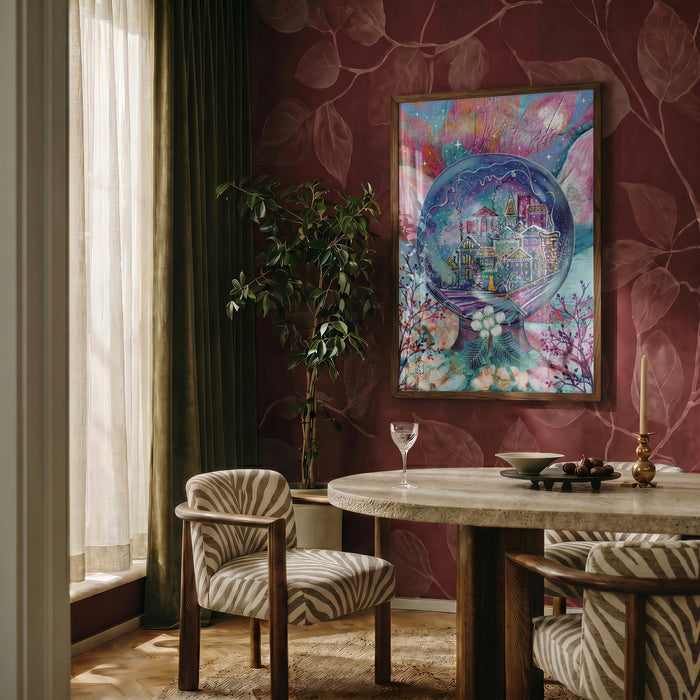Winter on the North Pole by Enikő Marosváry-Kramcsák framed on a deep red patterned wall