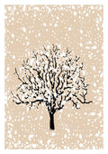 Minimalist illustration of a bare tree with snow on branches, set against a beige background with falling snow.