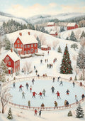 People ice skating on a rink surrounded by snow, red houses, pine trees, and a decorated Christmas tree.
