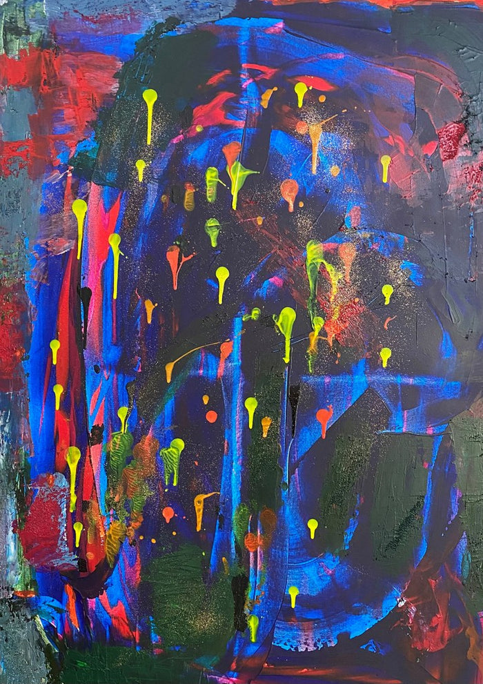 Wish by Maria-Tia - electric blue and red abstract with neon drips on a dark ground