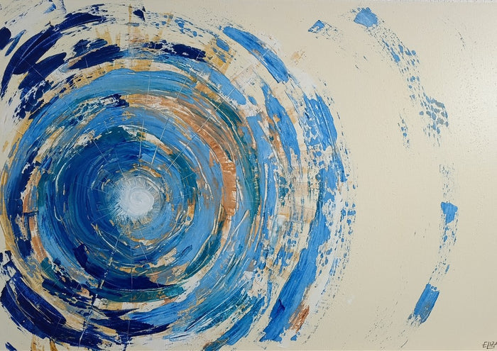 Woher? · Where From? by ELIZA Leopold - abstract blue vortex of palette knife strokes on a cream background