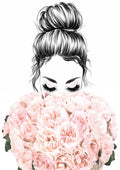 Illustration of a woman with a bun holding pink flowers, featured on the Woman And Flowers Plakat.
