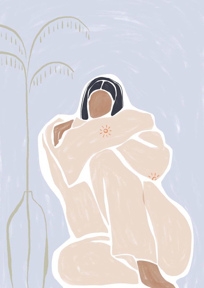 Abstract art of a woman embracing herself, with green tones and a plant, featured on the Woman Cuddle Herself - Ivy Green page.