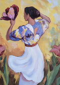 Woman with a Tulip by Elena Avanesova - woman in a white skirt and lilac blouse holding a burgundy tulip against warm yellow