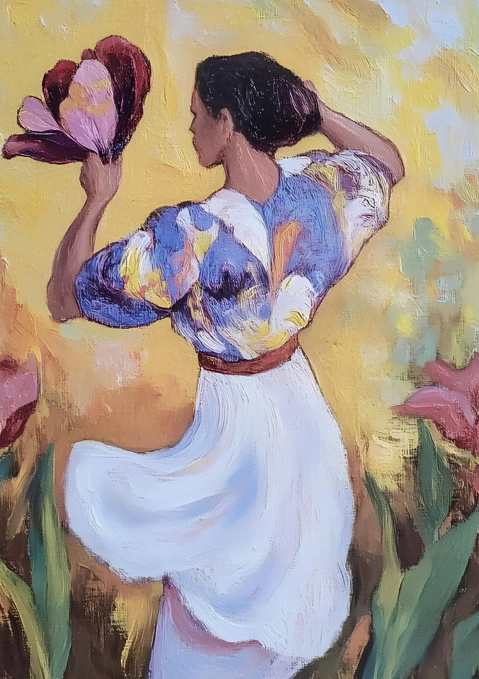 Woman with a Tulip by Elena Avanesova - woman in a white skirt and lilac blouse holding a burgundy tulip against warm yellow