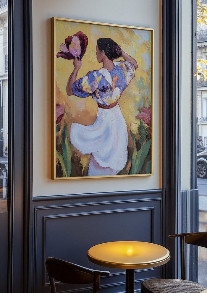 Woman with a Tulip by Elena Avanesova in an oak frame on a panelled café wall