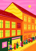 Worth the Wait by Nanna Paavig a queue outside a Copenhagen bakery under a pink sky