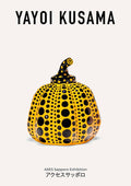 Poster of Yayoi Kusama's pumpkin sculpture with black dots on yellow, exhibition details in Japanese below.