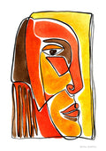 Abstract face artwork in yellow and red tones, featured on the Yellow and Red Face Imaginaires Plakat product page.