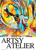 Abstract yellow collage art with swirling lines and vibrant colors above the text "ARTSY ATELIER" on a poster.