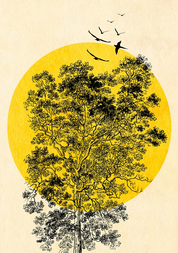 Poster of a large yellow sun behind a tree, with black birds flying overhead.