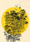 Poster of a large yellow sun behind a tree, with black birds flying overhead.