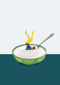 A miniature figure does a yoga pose in a bowl of yogurt with a spoon, promoting Yoga in my yogurt by Maarten Léon.