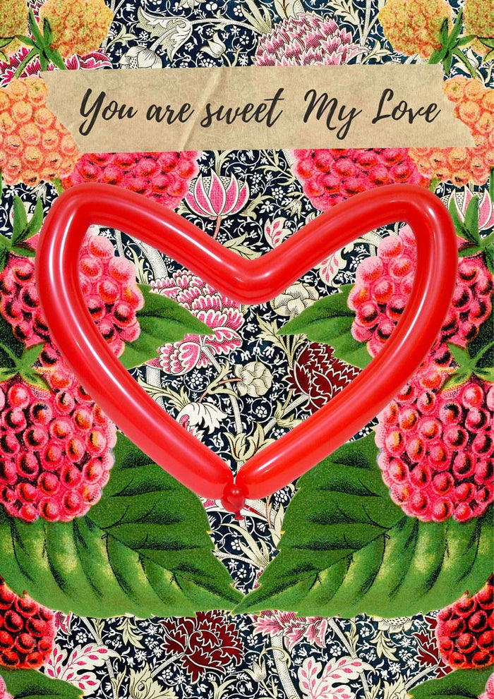 Romantic collage poster with a red balloon heart on a dense Victorian floral pattern and the words You are sweet My Love.