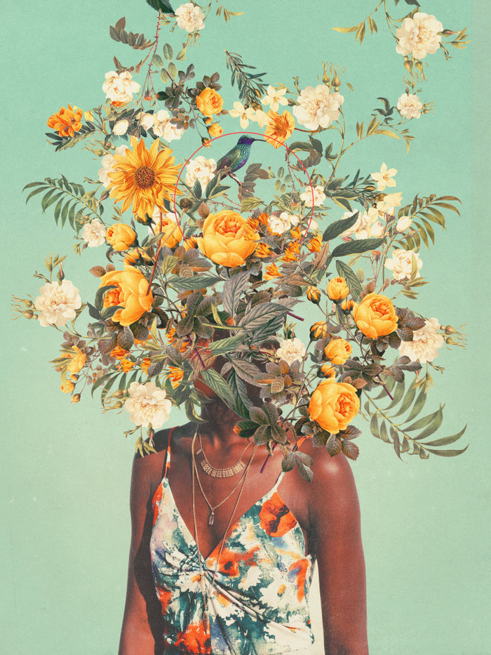Surreal portrait of a woman with her head replaced by blooming yellow and white flowers on a teal background.