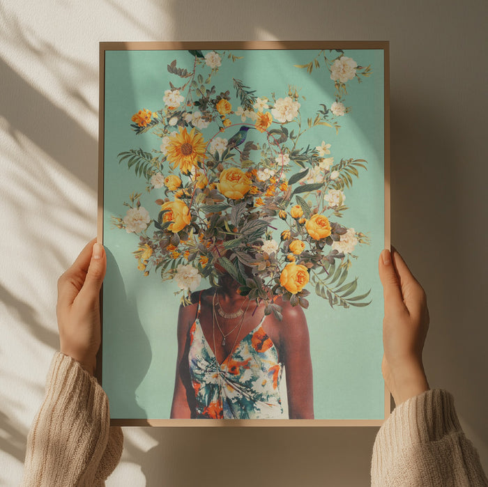 Hands holding a framed print of "You Loved Me a Thousand Summers Ago" by Frank Moth, featuring a floral portrait.