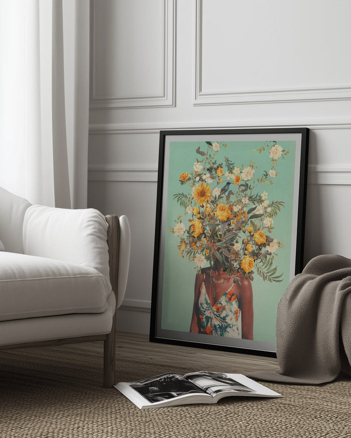 Framed "You Loved Me a Thousand Summers Ago" art by Frank Moth leaning against a wall in a modern living room.