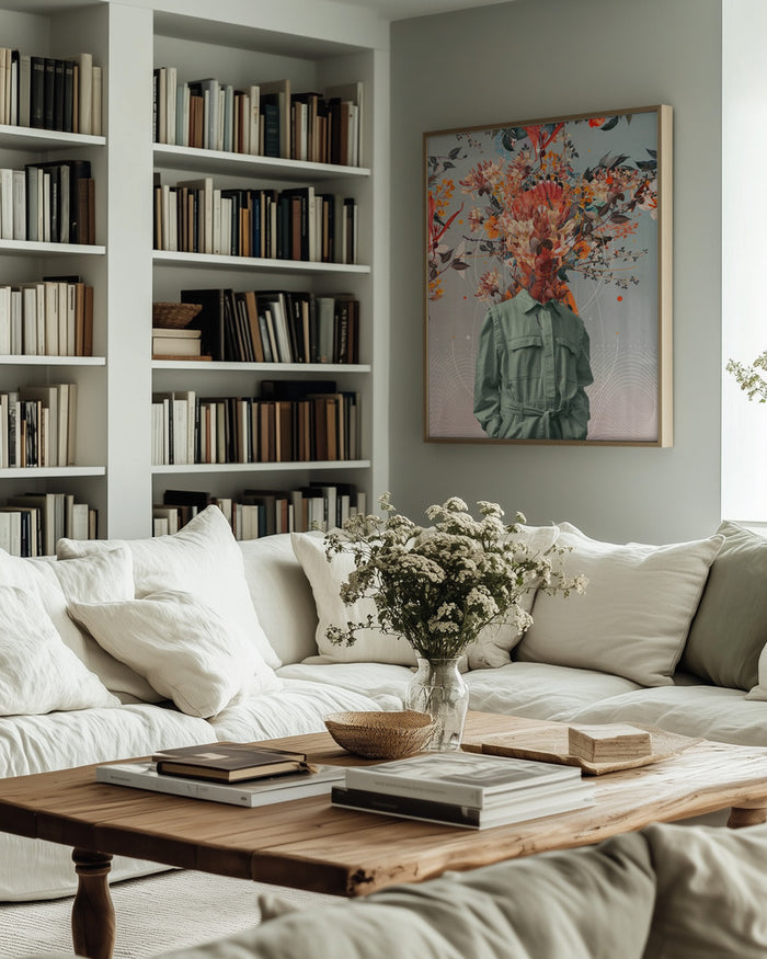Framed "You Smell Like Home" artwork by Frank Moth displayed in a cozy living room with bookshelves.