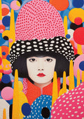 Colorful portrait of a young person with black bob, red lips, and dotted hat among vibrant abstract shapes.