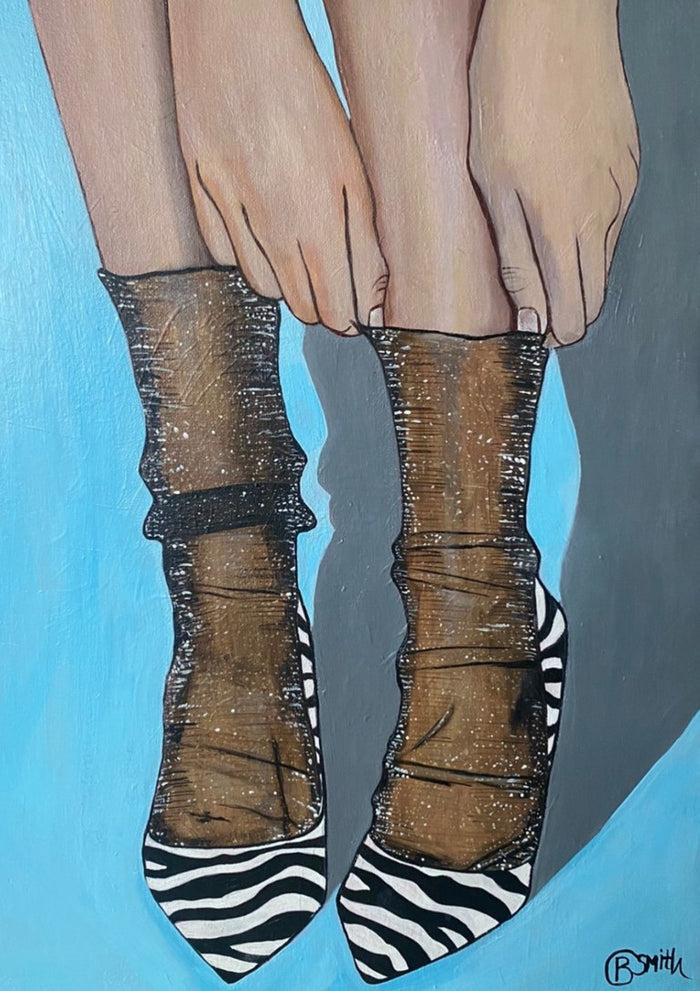 Zebra Heels by Art By Biba - sheer black socks pulled over zebra-striped pointed heels on sky blue